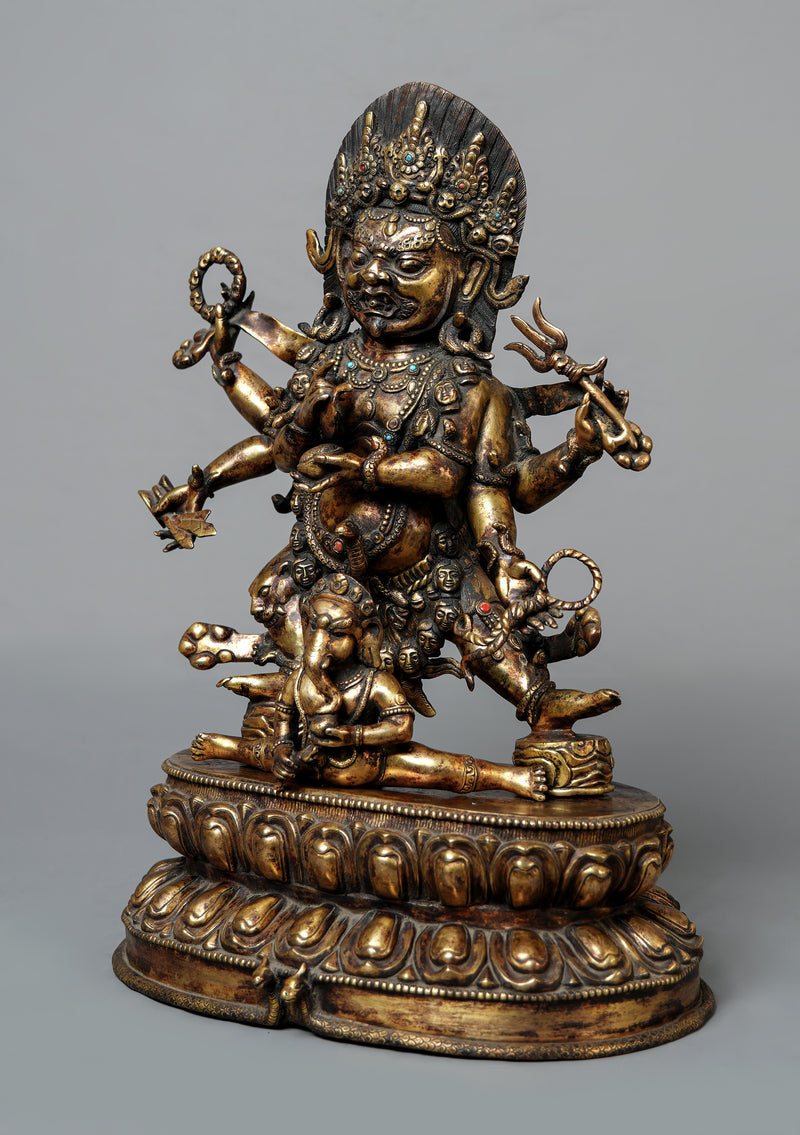 Masterpiece Antique Style Six Armed Mahakala with Ganesh Statue 17" H