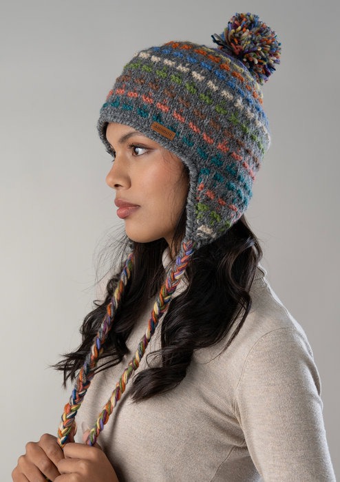 Handknitted Gray Multicolor Dotted Pompom Sherpa Cap