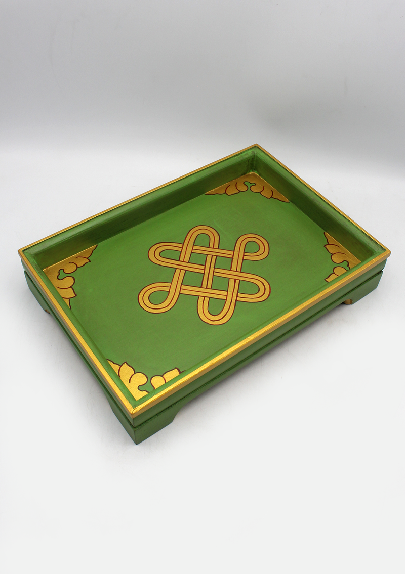 Handcrafted Endless Knot Rectangular Tibetan Tray- Green