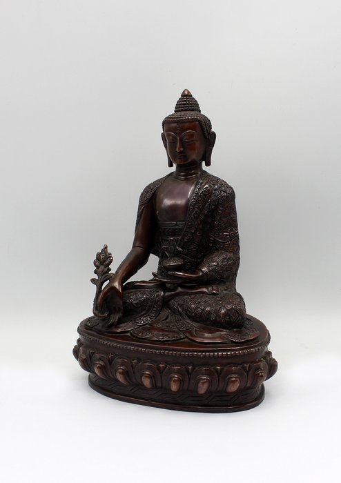 Copper Medicine Buddha Carved Statue 9" H