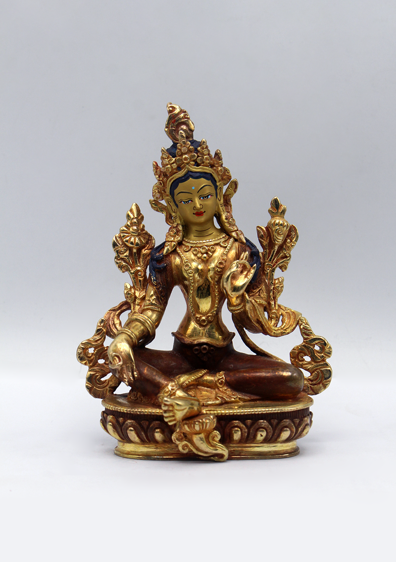 Partly Gold Plated Copper Green Tara Statue 5.5"H