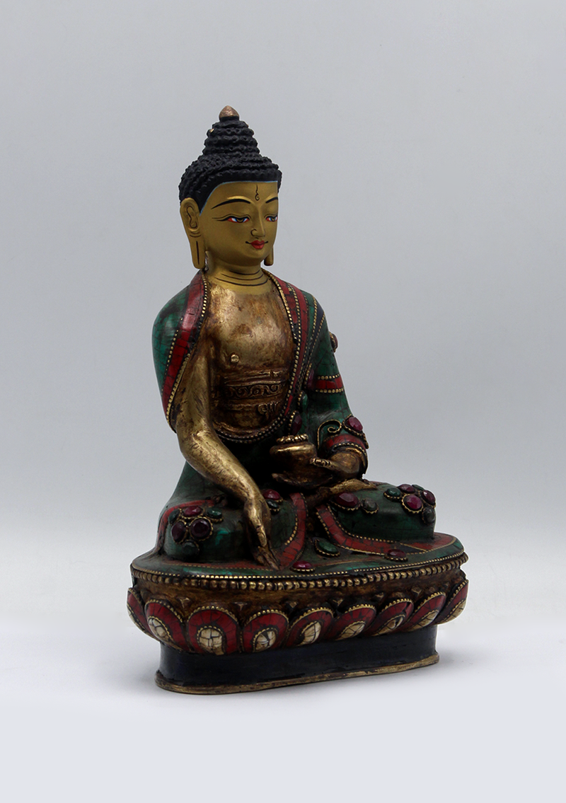 Stone Inlaid Copper Ratnasambhava Buddha Statue 8.5"H
