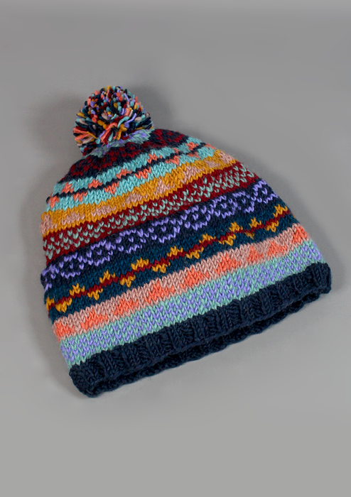 Handknitted Woolen Dark Blue Multicolor Pompom Beanie