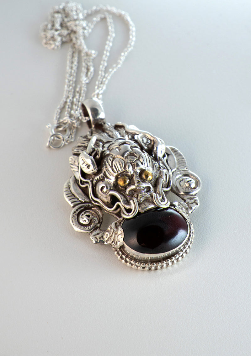 Sterling Silver Garnet Dragon Pendant with Chain