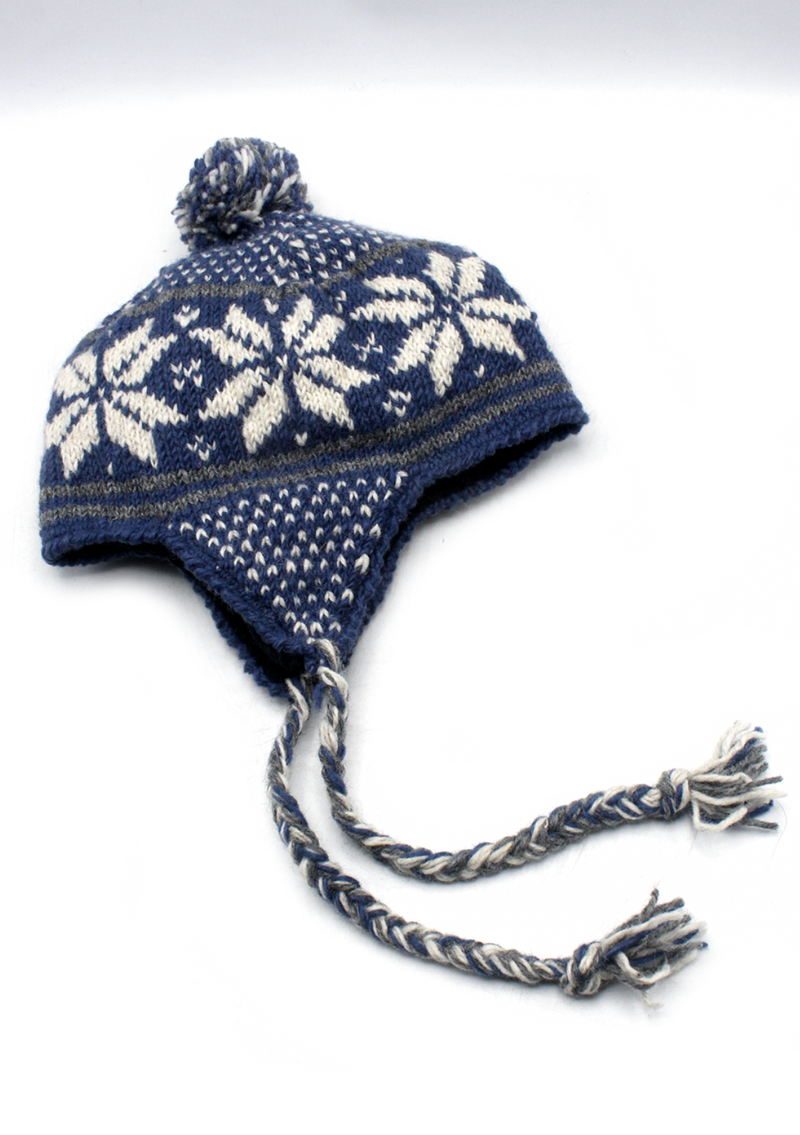 Hand Knitted  Snowfalke Blue Sherpa  Cap
