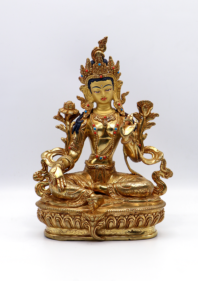 Full Gold Plated Copper Filigree Green Tara Statue 9"H