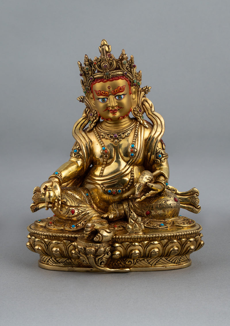 Fully Gold Plated Dzambhala Statue with Stone Inlays 7.5"H