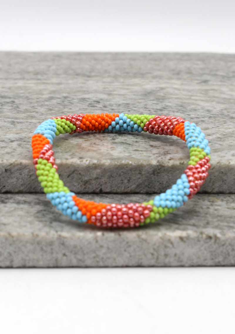 Zick  Zack Green Orange Nepalese Roll on Beads Bracelet