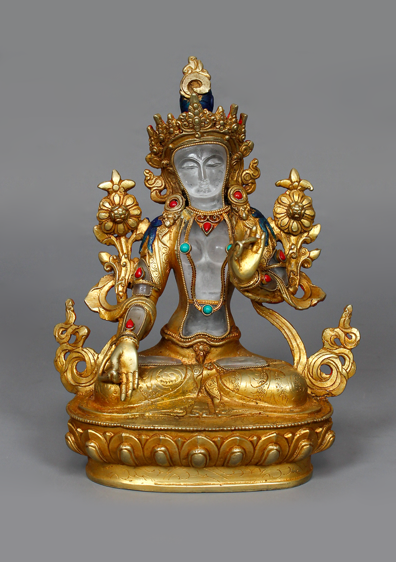Crystal Gold Plated White Tara Statue 8.5"H