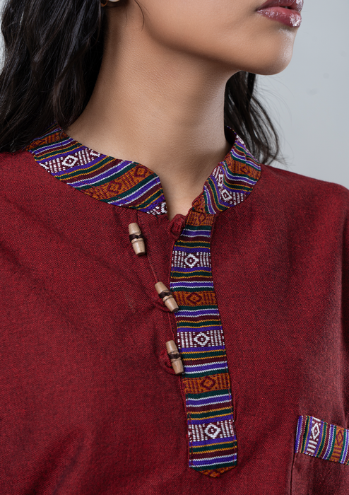 Bhutanese Pattern Cotton Kurta Shirt - Maroon