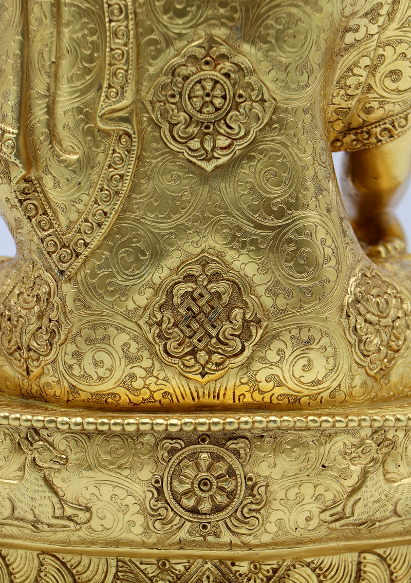 Eight Auspicious Symbols Carved Gold Plated Shakyamuni Buddha Statue 13" H
