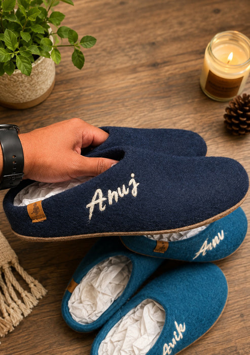 Handmade Dark Blue Premium Classic Felt Slippers