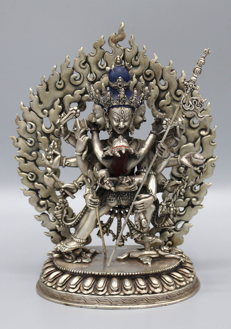 Stunning Hand Carved Silver Sterling Chakrasamvara Statue 6.5" High - nepacrafts