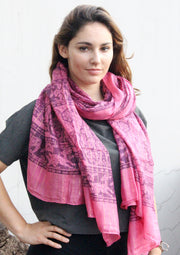 Dark Pink Cotton Summer Scarf/Wraps with Elephant and Deer Print From Nepal - nepacrafts