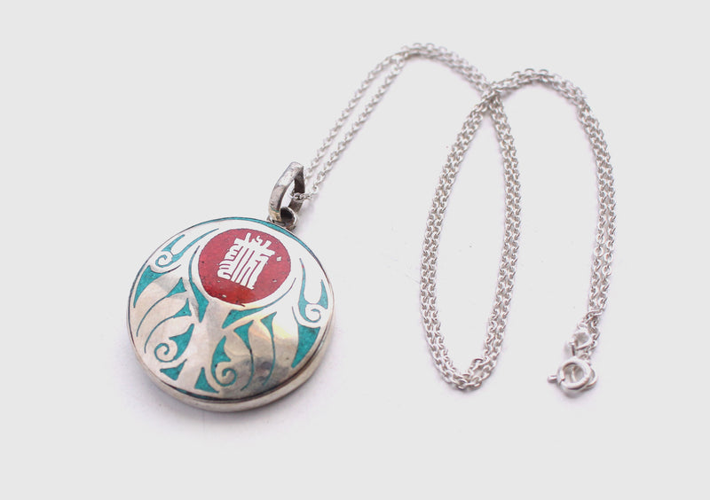Tibetan Kalachakra Lotus Painted White Metal Pendant - nepacrafts