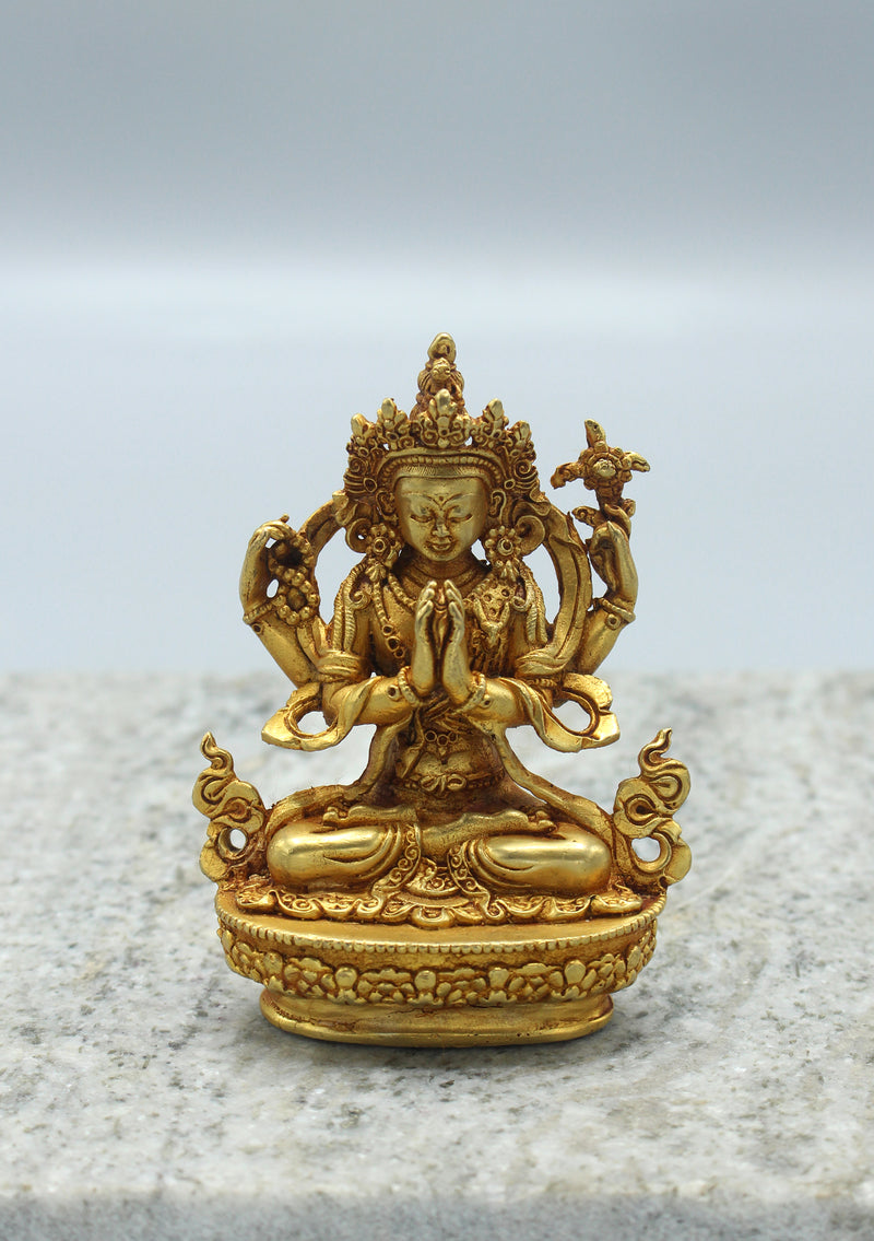 Gold Plated Tibetan Chenrezig Statue 3.5"
