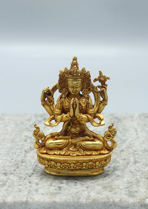 Gold Plated Tibetan Chenrezig Statue 3.5"