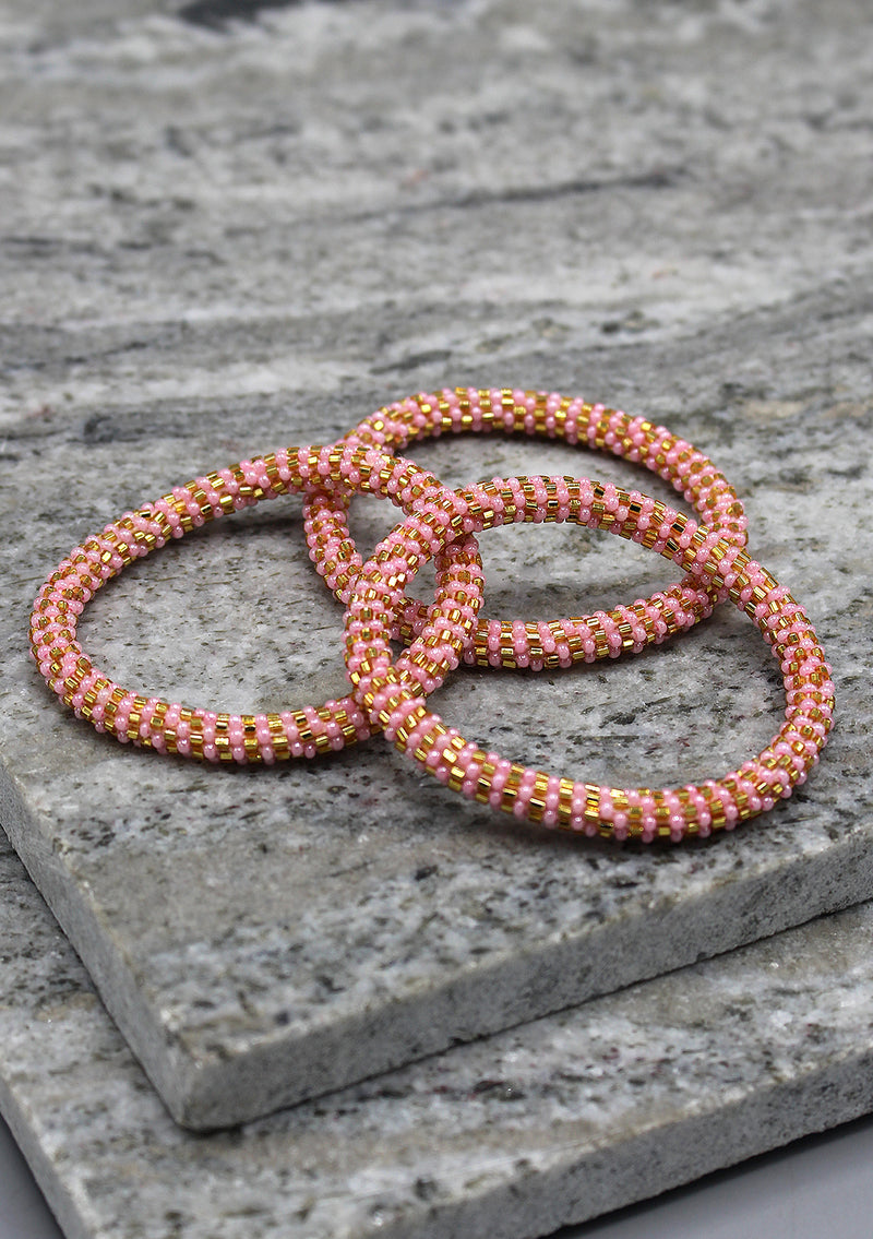 Pink and Golden Colors Swirl Glass Beads Bracelet
