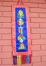 Tibetan Five Symbol Embroidered Polyester Wall Hanging Banner - nepacrafts