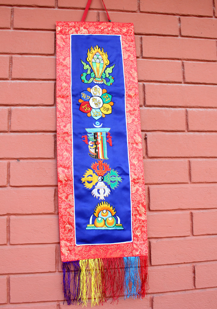 Tibetan Five Symbol Embroidered Polyester Wall Hanging Banner - nepacrafts
