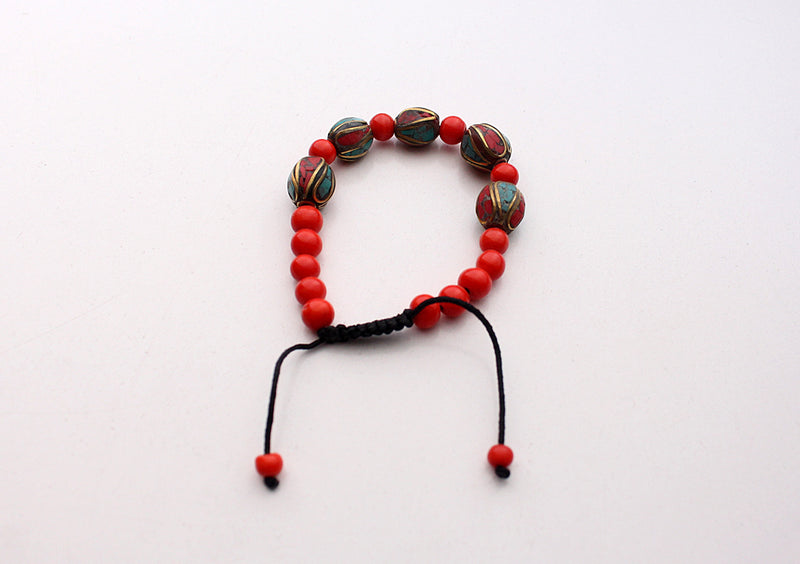 6mm Red Beads Bracelet with Oval Tibetan Beads Inlaid Faux Coral & Turquoise - nepacrafts
