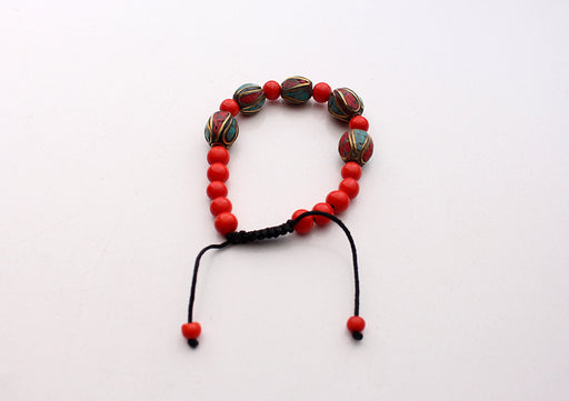 6mm Red Beads Bracelet with Oval Tibetan Beads Inlaid Faux Coral & Turquoise - nepacrafts