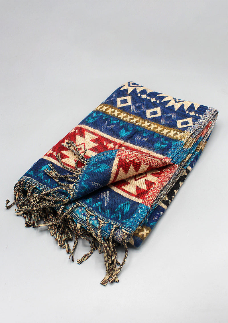 Diamond Pattern Blue Black Mixed Color Hand Loomed Yak Wool Shawl