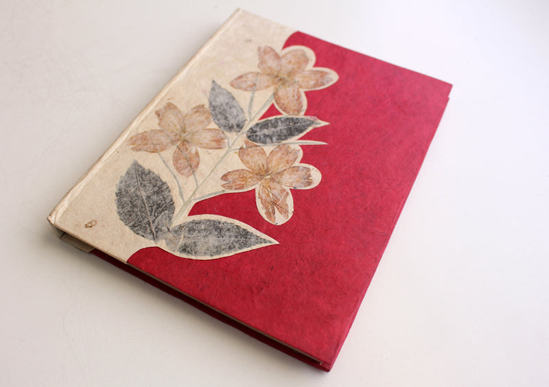 Maroon Real Flower Printed Nepalese Lokta Paper Blank Journal - nepacrafts
