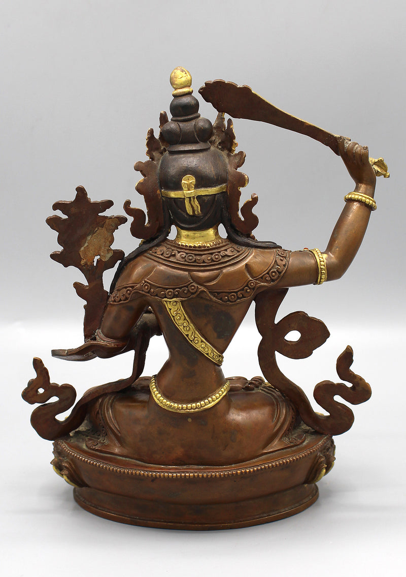 Partly Gold Painted Copper Tibetan Manjushree Statue