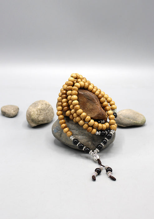 Yak Bone Mala With Onyx Beads and Buddha Head