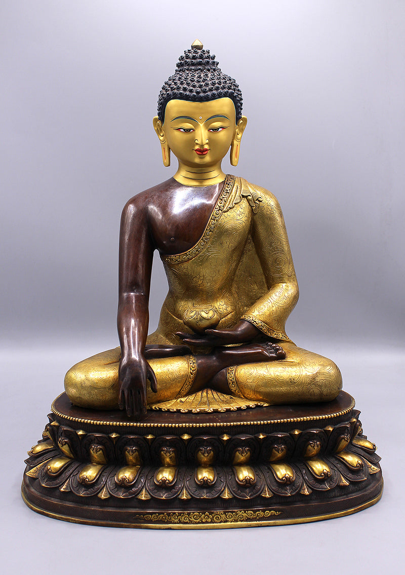 Partly Gold Plated Shakyamuni Buddha Statue in Monastic Robe With Floral Motifs