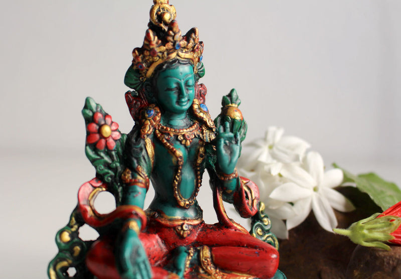 Green Tara Turquoise and Coral Shaded Statue