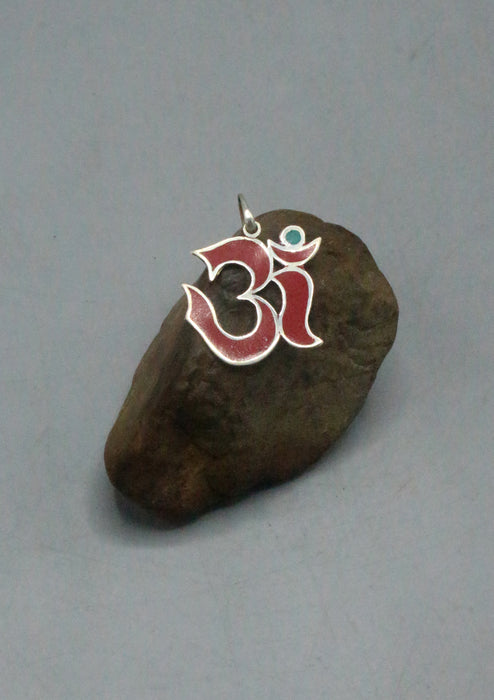 Sterling Silver Tibetan OM Symbol Pendant with Turquoise and Coral resin