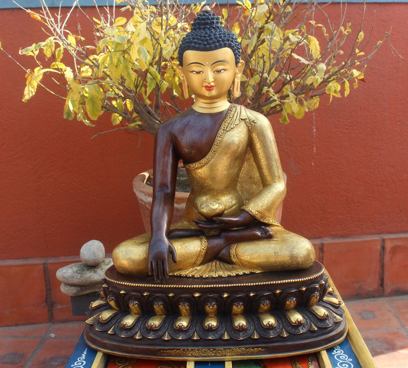 Partly Gold Plated Shakyamuni Buddha Statue in Monastic Robe With Floral Motifs