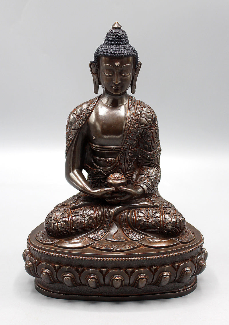 Amitabha Buddha Copper Oxidized Statue Fully Carved Floral Motifs