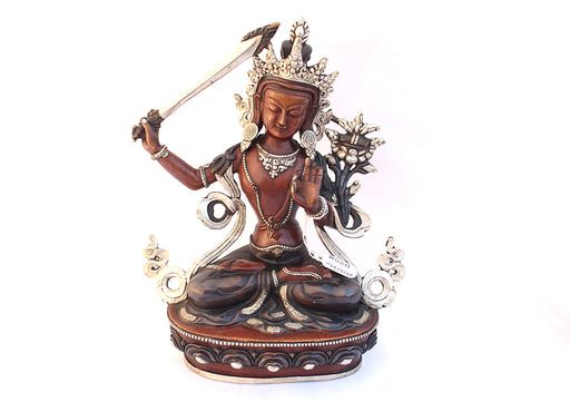 Silver Plated Copper Oxidized Manjushri Statue 8 Inch High - nepacrafts