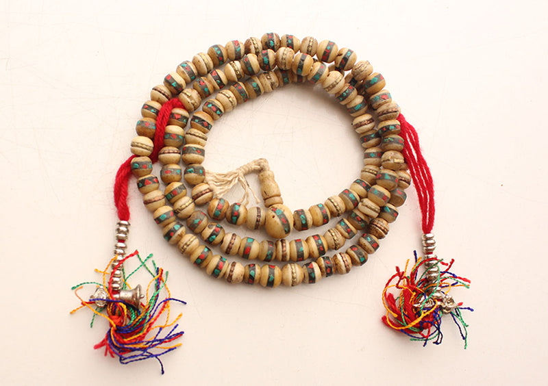 White Yak Bone Inlaid Meditation Mala with Dorjee Counter - nepacrafts