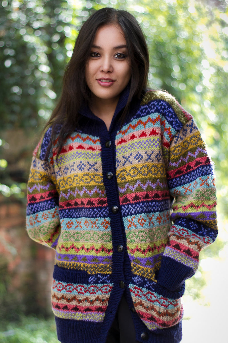 Hand knit Sweater Blue Red Combo Color Cardigans Jackets - nepacrafts