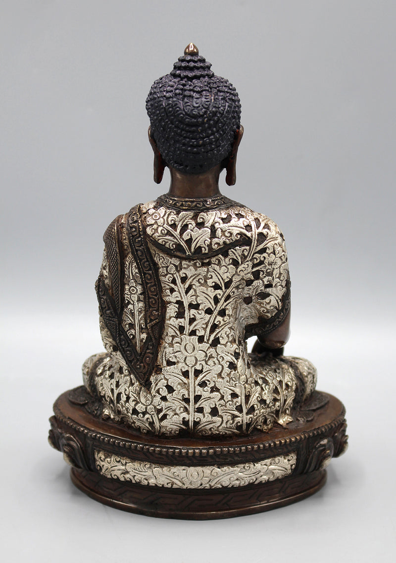 Flower Carving Copper Oxidized Shakyamuni Buddha Silver Inlaid Statue