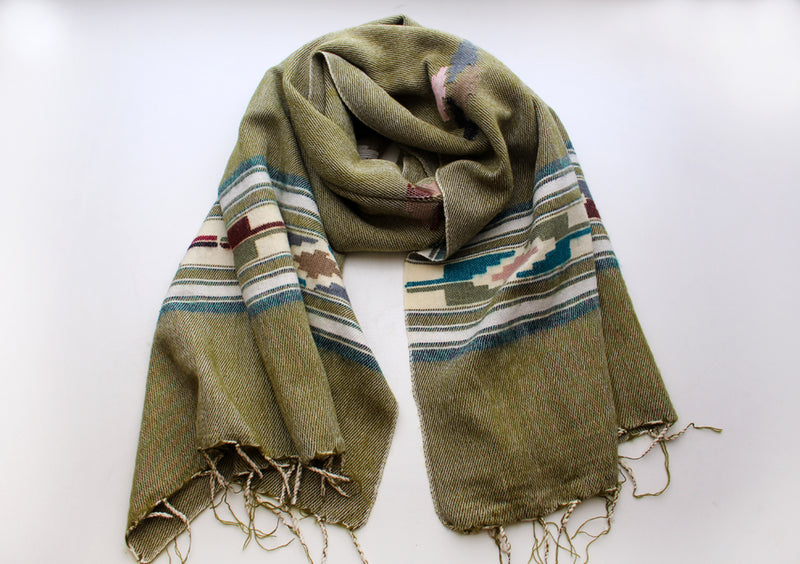 Green Border Butterfly Pattern Olive Green Handloomed Yak Wool Shawl - nepacrafts