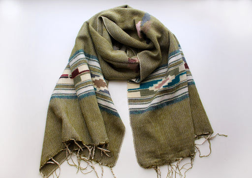 Green Border Butterfly Pattern Olive Green Handloomed Yak Wool Shawl - nepacrafts