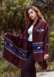 Maroon Yak Wool Shawl with Buttefly Pattern Handloomed in Nepal - nepacrafts