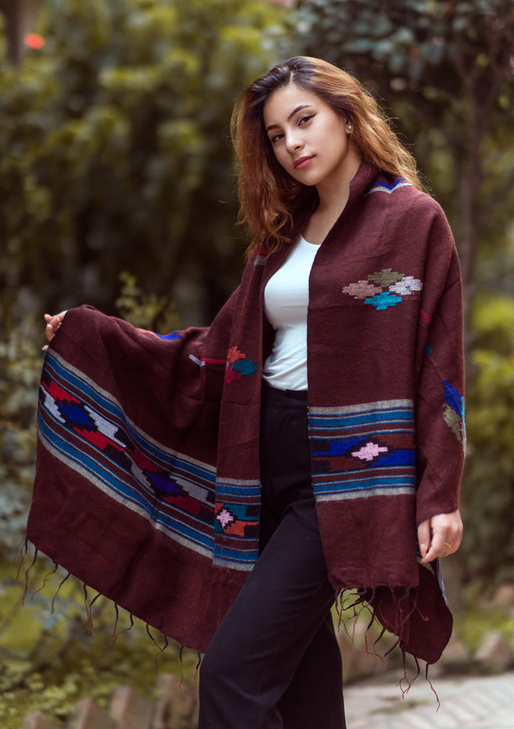Maroon Yak Wool Shawl with Buttefly Pattern Handloomed in Nepal - nepacrafts