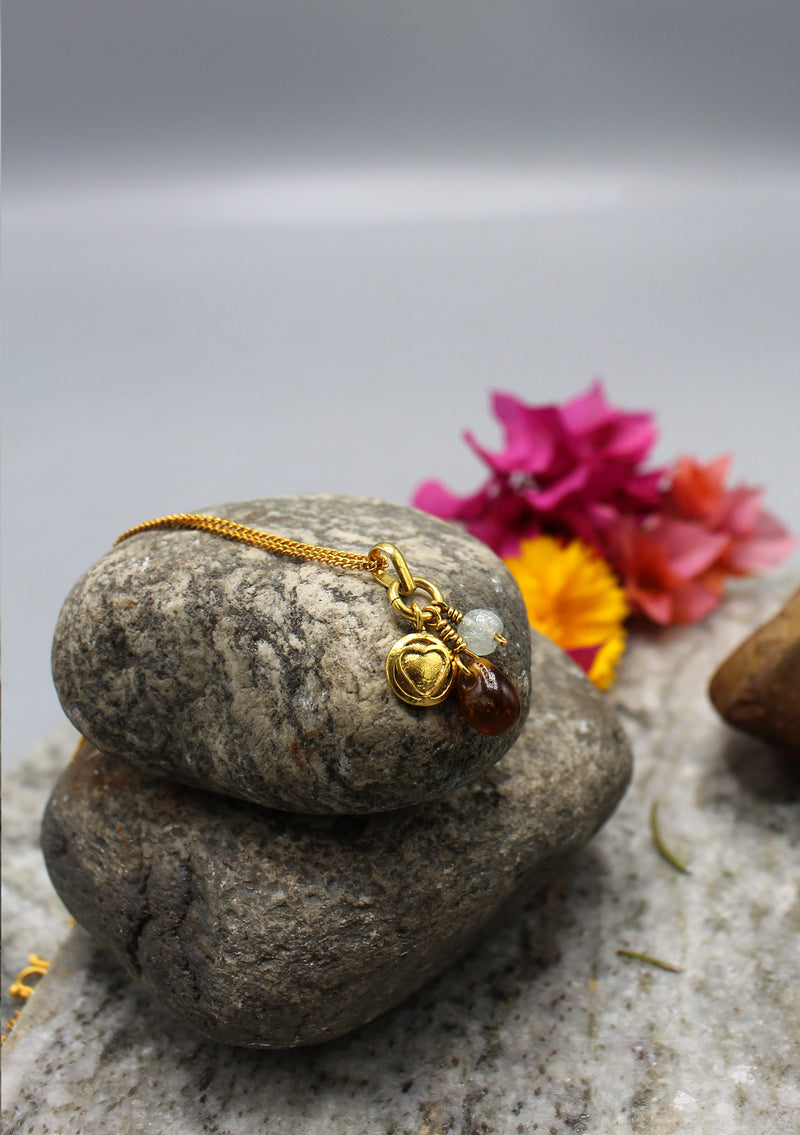 24 K Gold Plated Heart Pendant with Faux Red Zircon and Moon Stone Charms