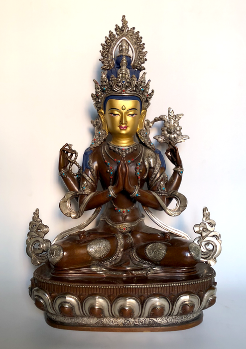 Marvelous Silver Motifs Face Painted Copper Avalokitesvara Statue