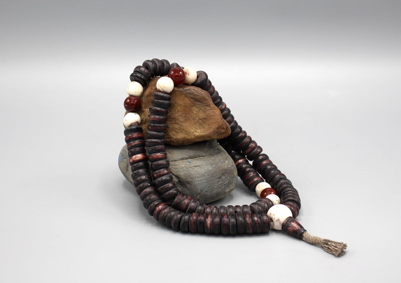 Disk Shaped Yak Bone Mala with Carnelian Beads Counter - nepacrafts