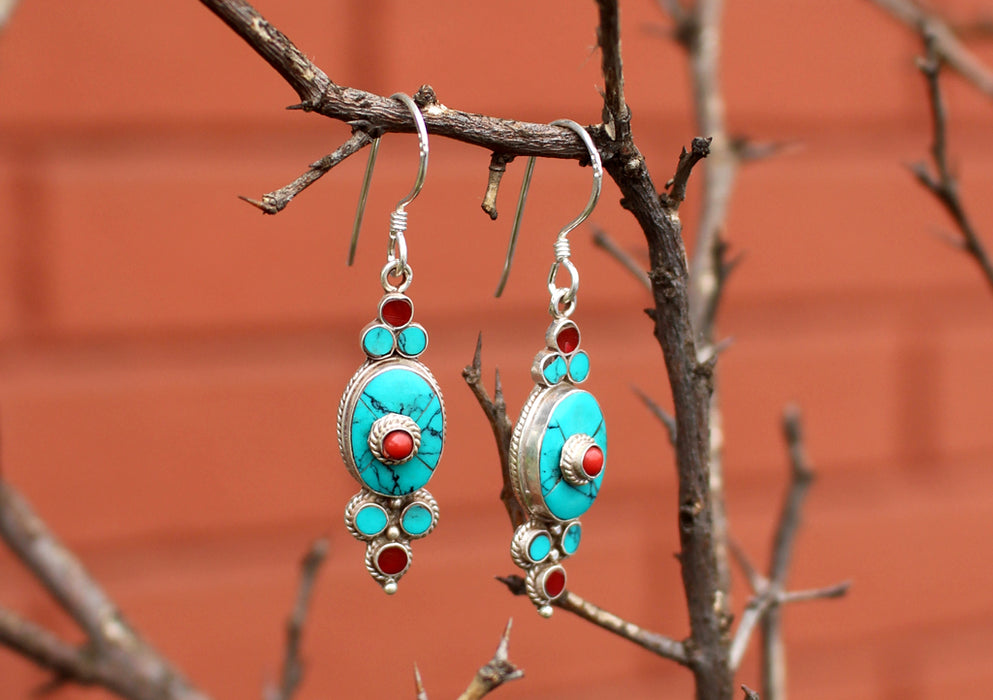 Turquoise and Coral Inlaid Flower Drop Earrings - nepacrafts