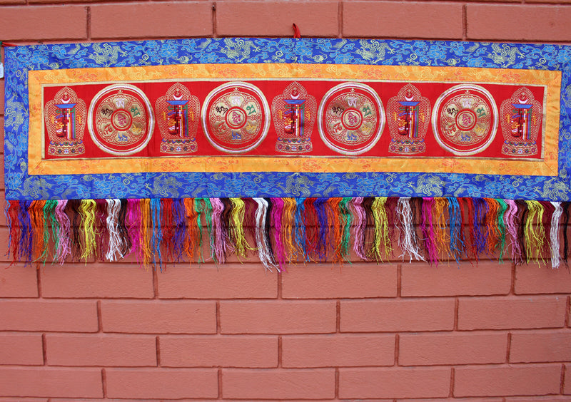 Tibetan Kalchakra Om Mani Brocade Framed Horizontal Banner - nepacrafts