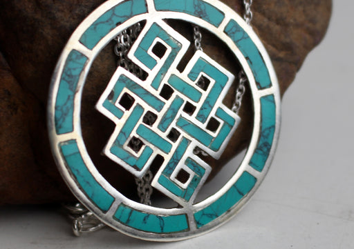 Turquoise Inlaid Endless Knot Sterling Silver Pendant - nepacrafts