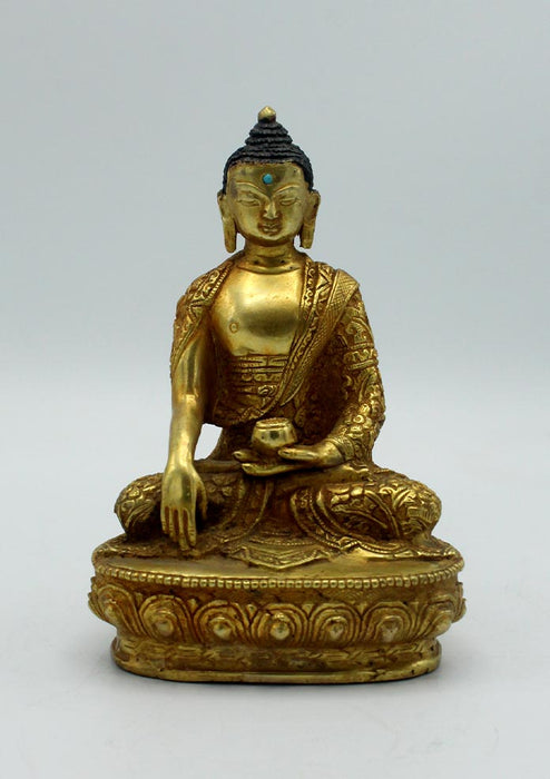 Gold Plated Shakyamuni Buddha Statue with Floral Motif Carving 6 Inch